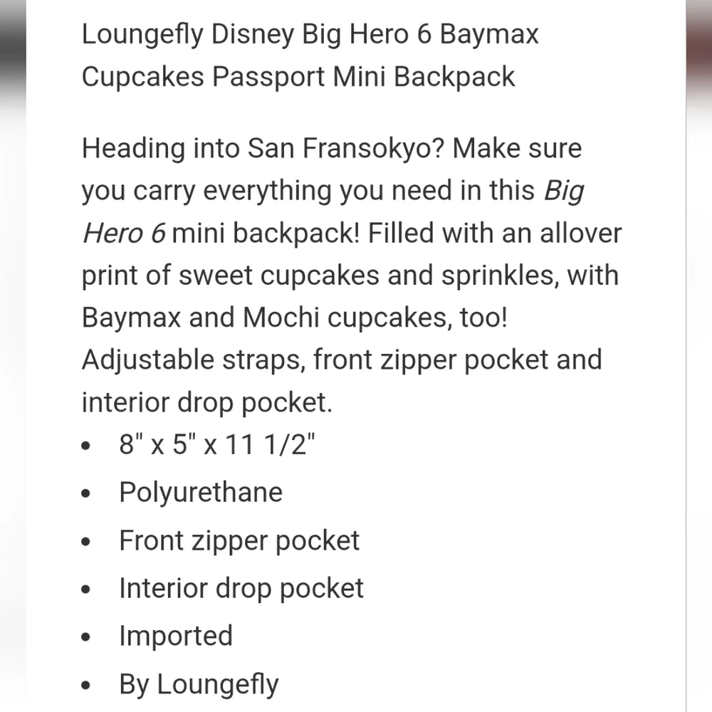Loungefly Baymax cupcake mini backpack and makeup bag
